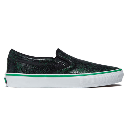Vans Skate Slip-On Shoes - Cracked Leather Black/Green